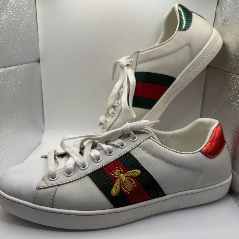 Gucci White Leather Sneakers with Red & Green Web and Gold Bee