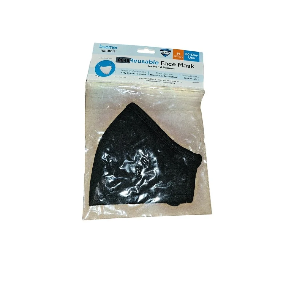 Boomer Naturals Reusable Face Mask Black Medium 3-Ply Cotton Nano-Silver #649