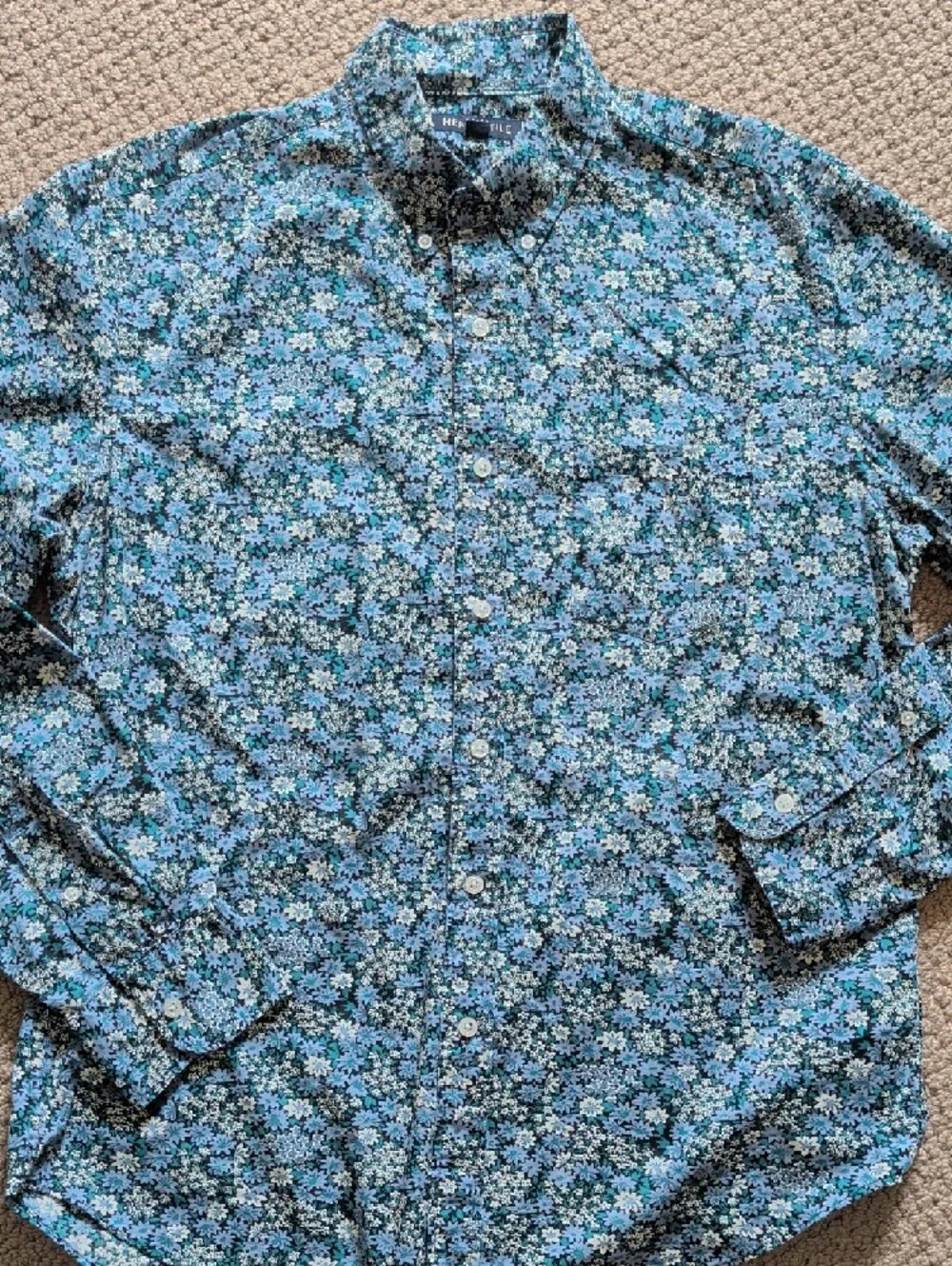 Men's Blue Floral Button-Down Elevated Smart Casual Shirt L
