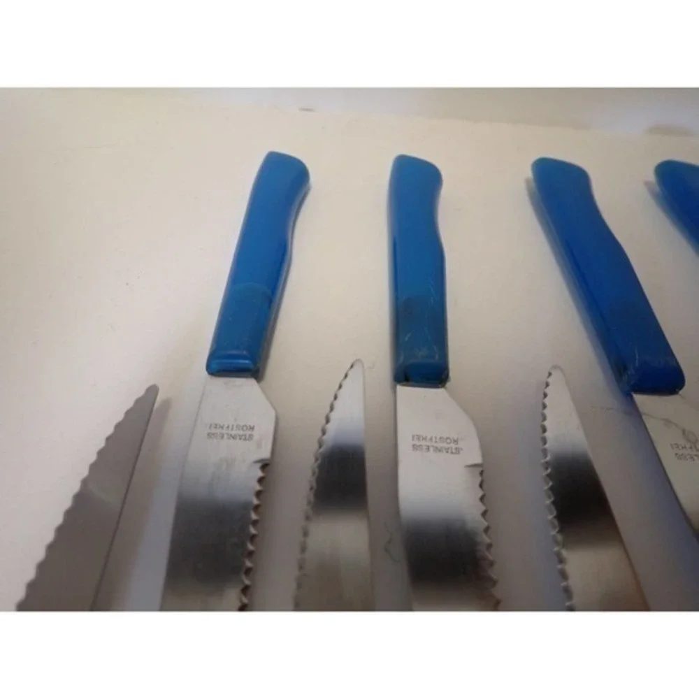 Vintage Rostfrei‎ Blue plastic Lucite maybe Handle  9 Steak Knives