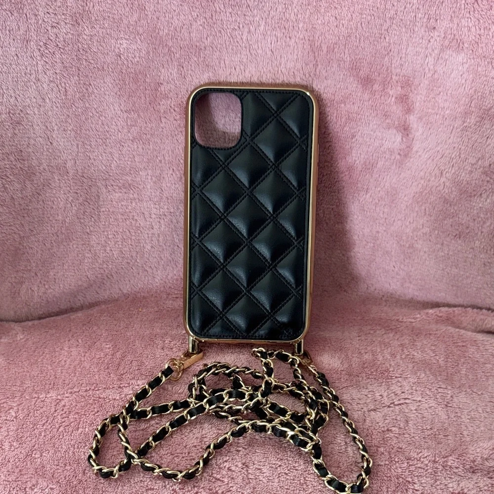 Luxury Black Quilted Phone Case with Chain- IPhone 12