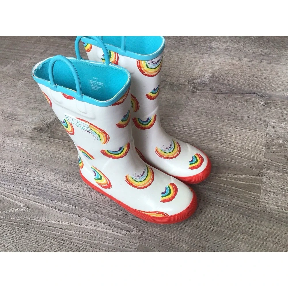 L.L. Bean Girls Youth Rainbow Non-Slip Rain Boots Size 13 Red White Multicolor
