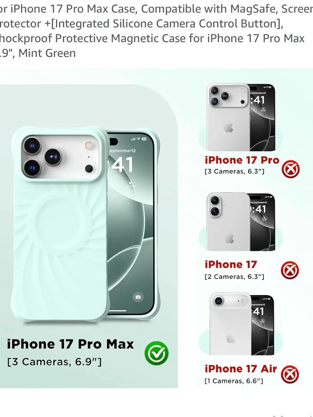 Mint Green iPhone 17 Pro Max Magnetic Protective Case with Screen Protector New
