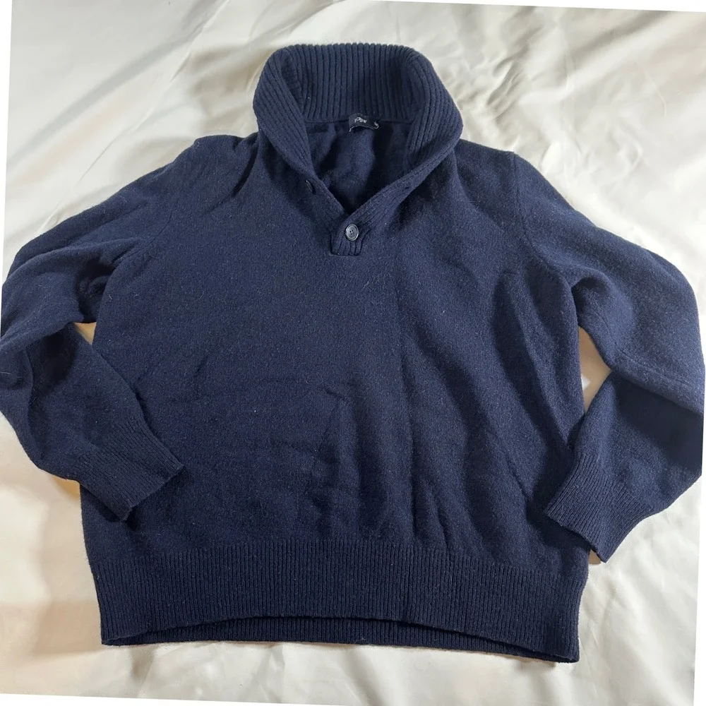 J.Crew Mens XXL‎ Navy Blue 100% Lambswool Shawl Collar Button Sweater 21943