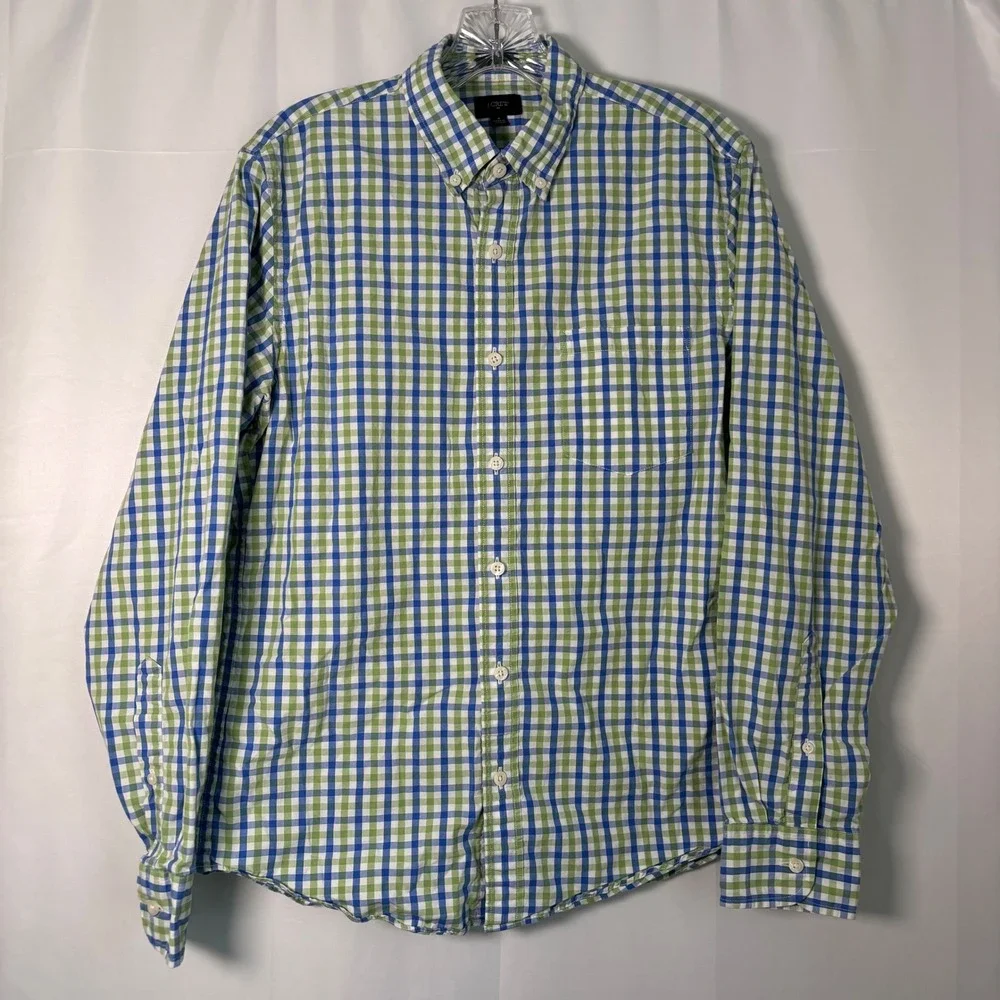 J. Crew Men's Long Sleeve Casual Cotton Button Shirt Green‎ & Blue Plaid Slim M