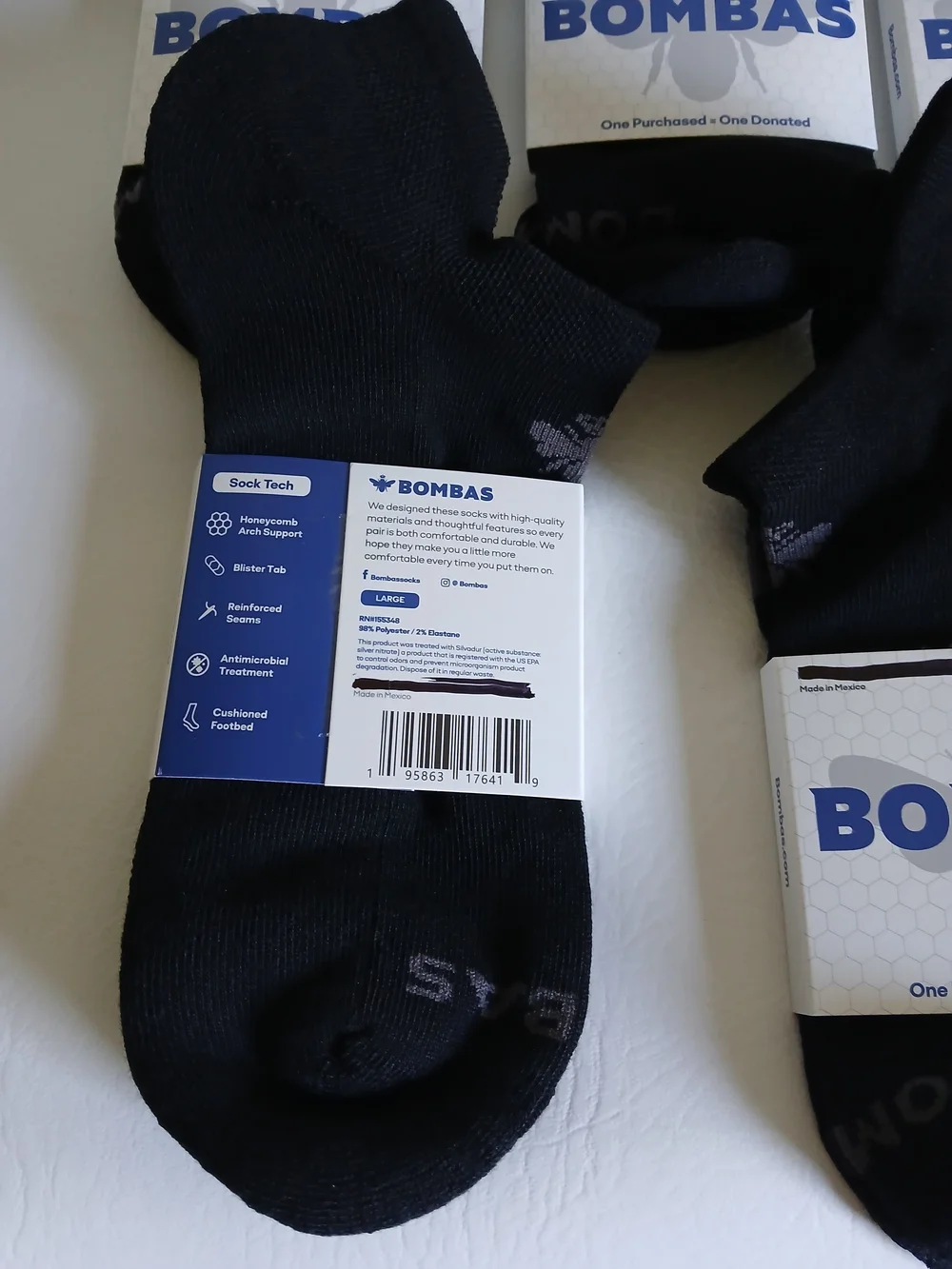 Bombas Unisex Black Ankle Length  Socks - 5 Pack Size Large