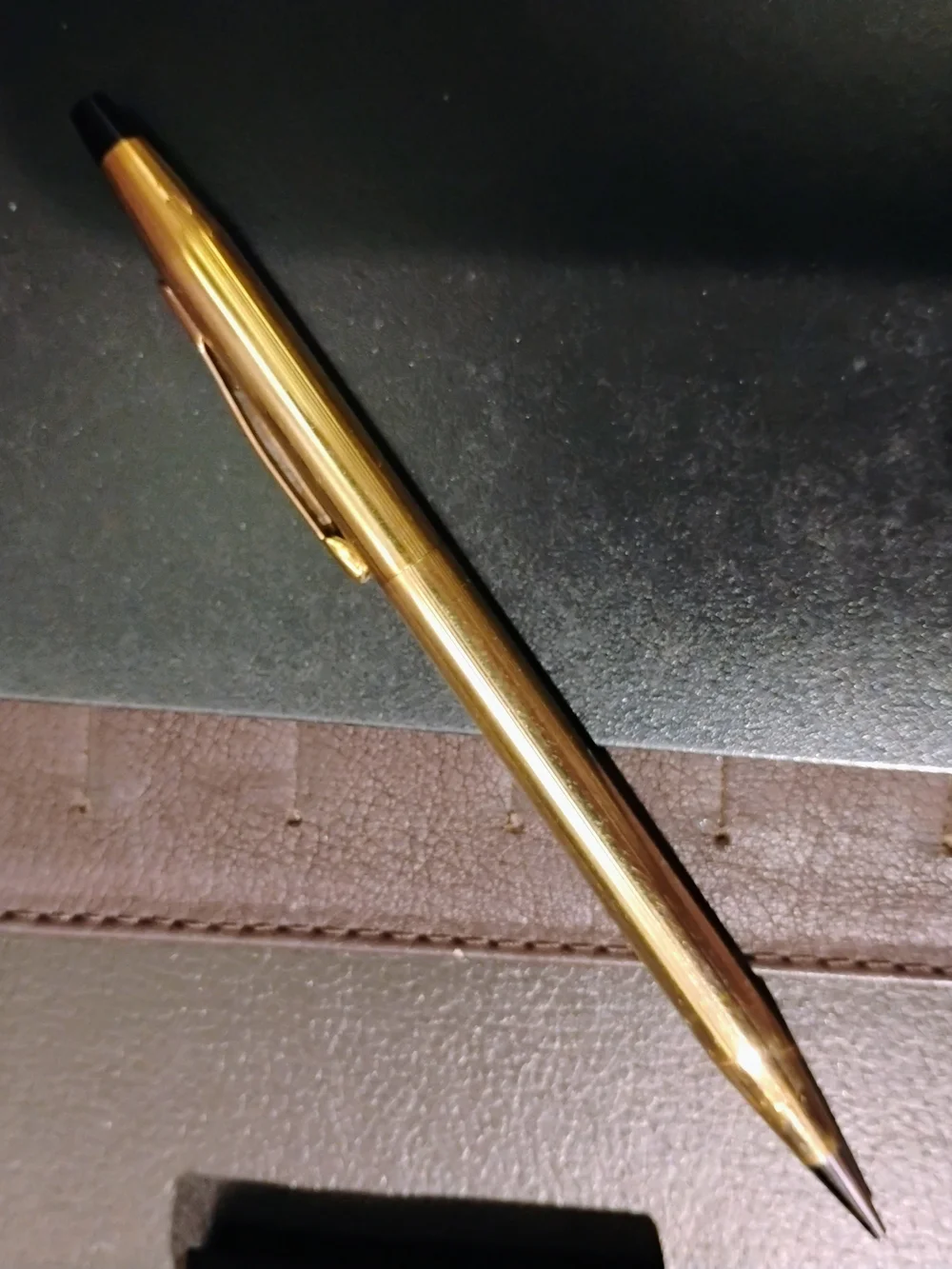 Vtg Brown Leather Zip Organizer  Gold Accents 10k GP Cross Mechanical Pencil