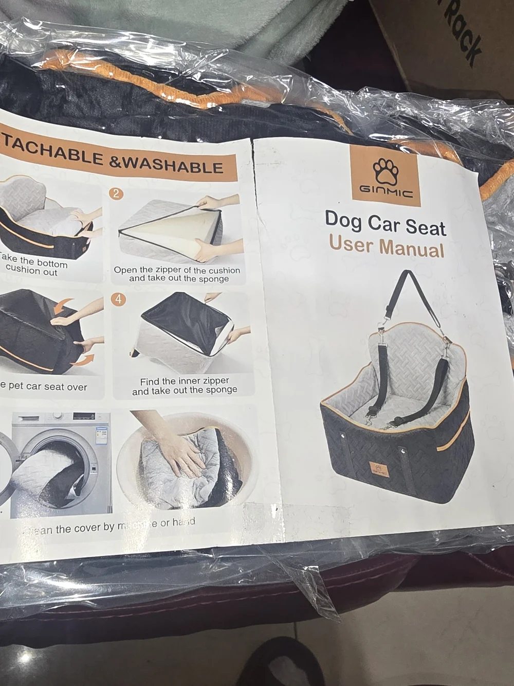 Black & Gray Dog Car Seat with Orange Trim