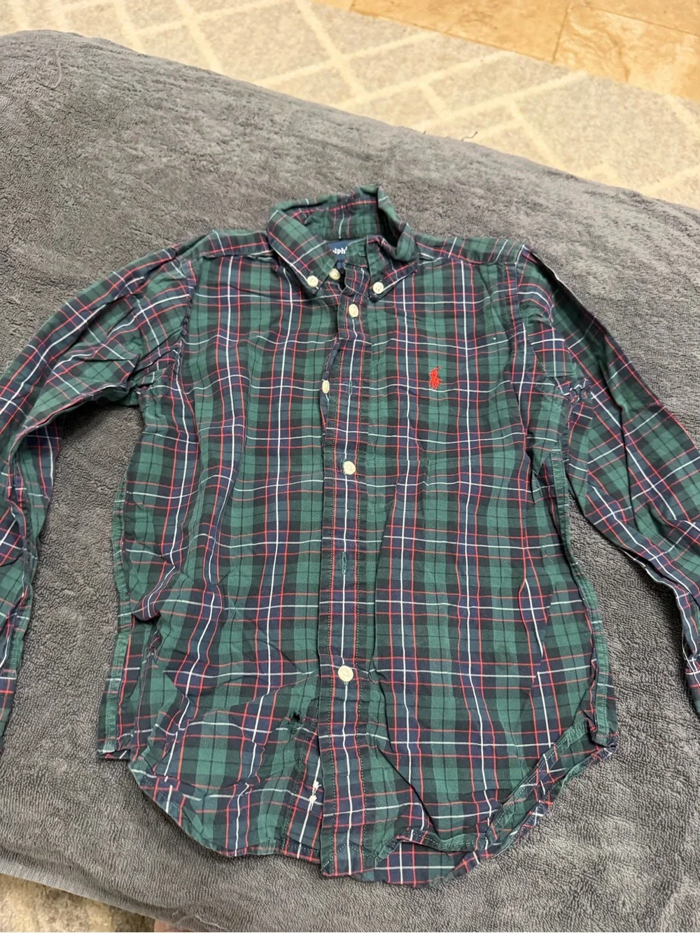 Ralph Lauren boys Green and Navy Plaid Button-Down Shirt with Red Logo