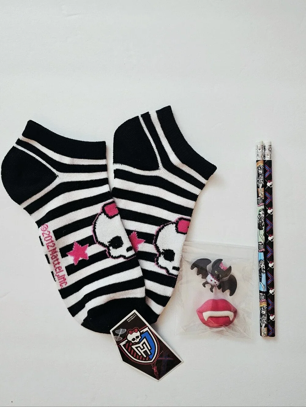 Monster High Socks, Eraser & Pencils Gift Set Black White Striped