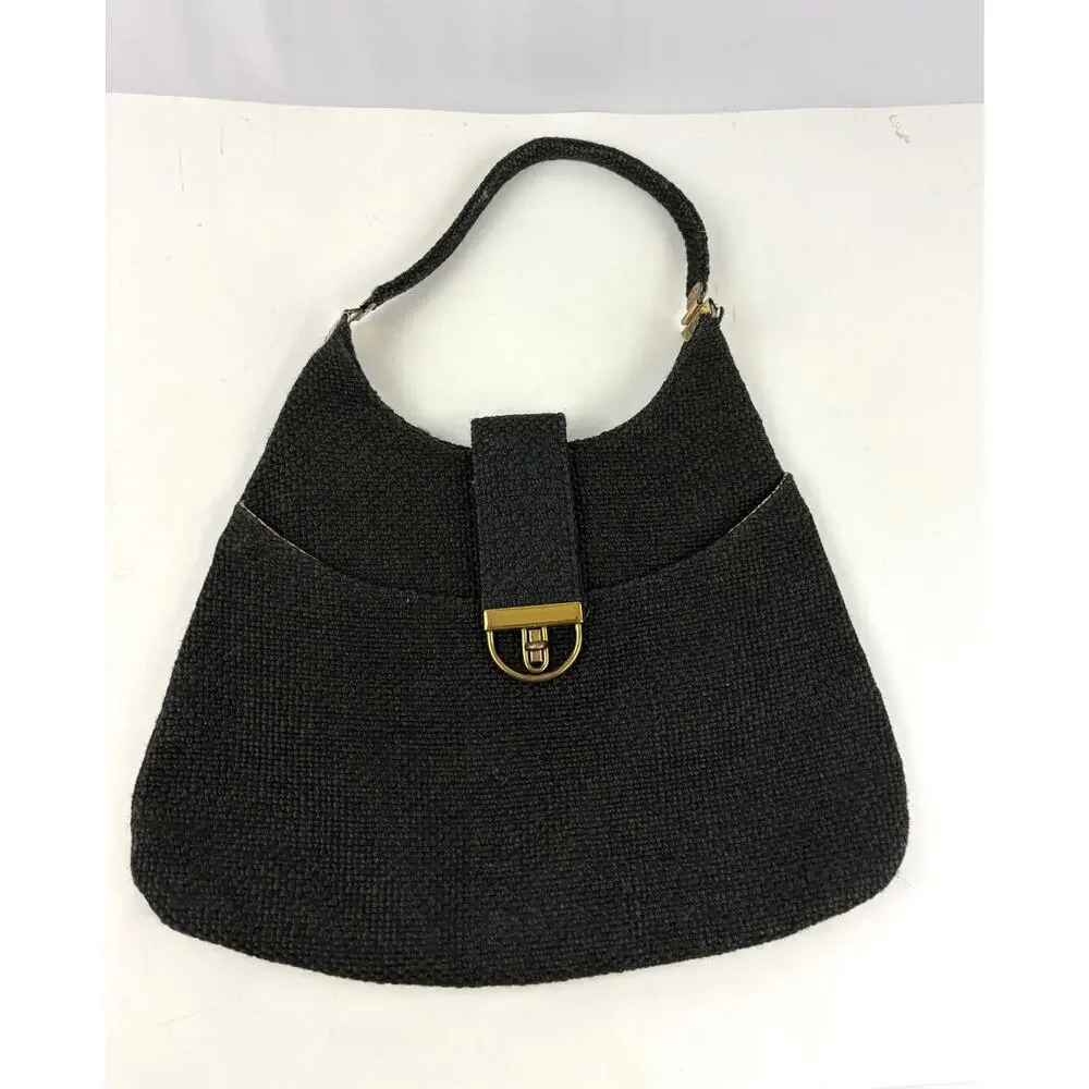 VTG 1970s Charcoal Black Tweed Hobo Bag Gold Hardware‎ Unique