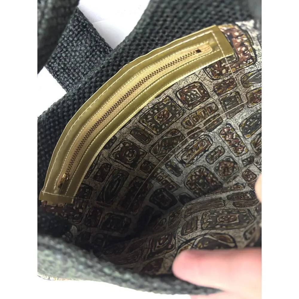 VTG 1970s Charcoal Black Tweed Hobo Bag Gold Hardware‎ Unique