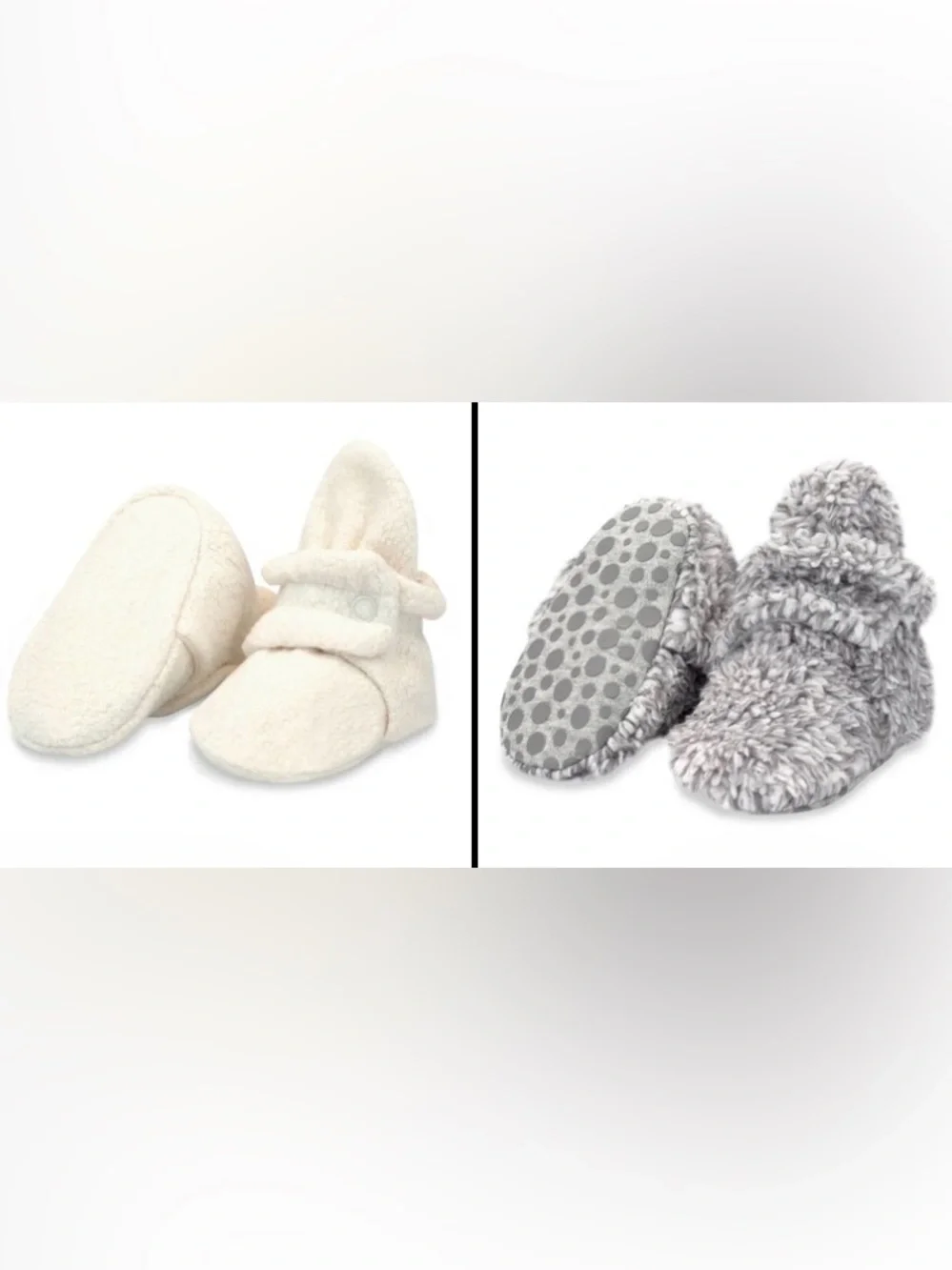Zutano set of 3-6 month infant booties, cream cozy fleece and gray furry gripper