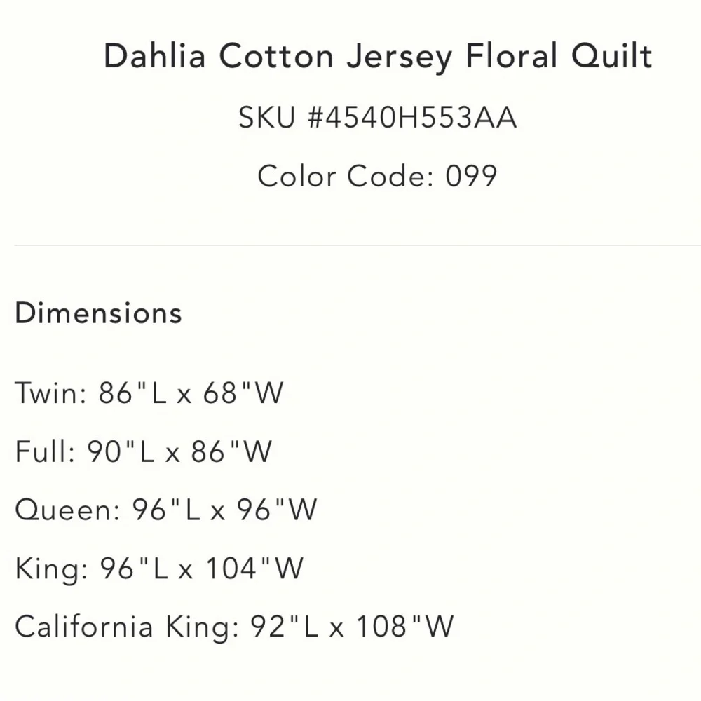 Anthropologie Dahlia Cotton Jersey Floral Quilt Size King NWT
