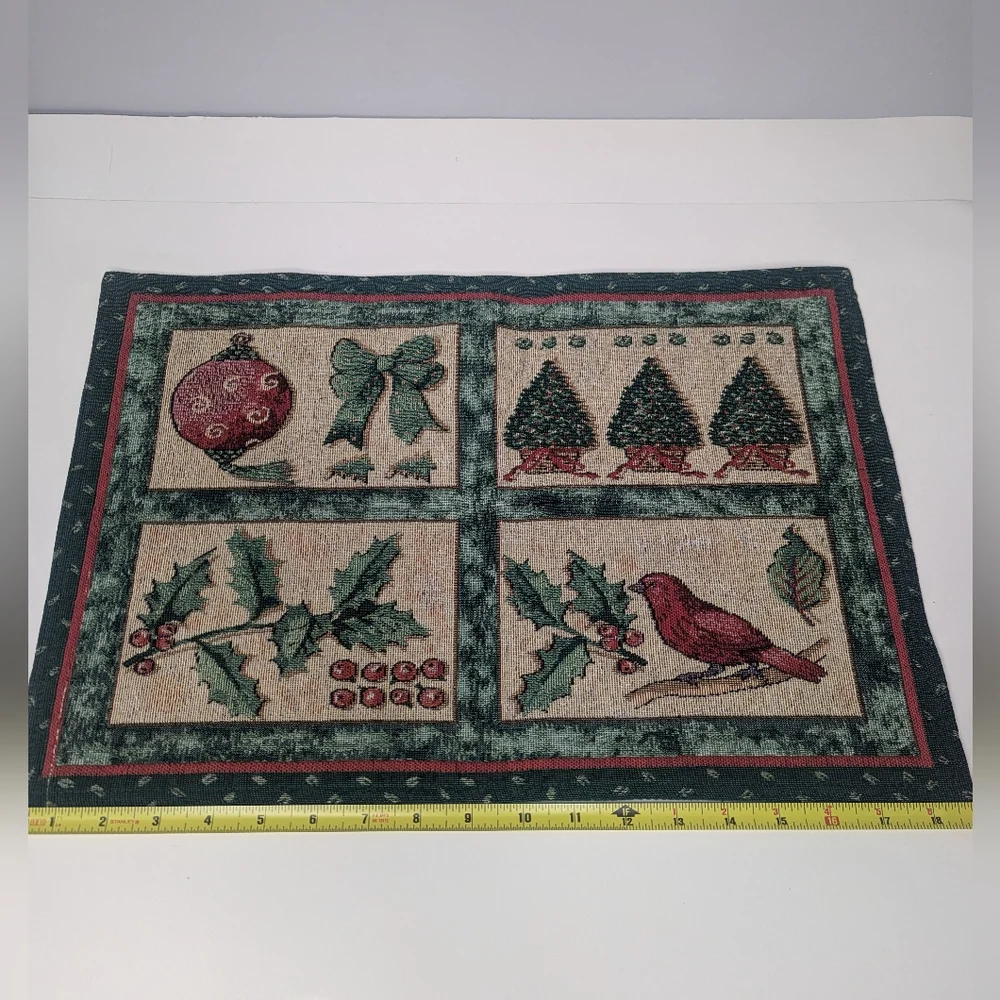 Festive Christmas Holiday Tapestry Placemats Ornaments/ Birds/ Trees Set of 2