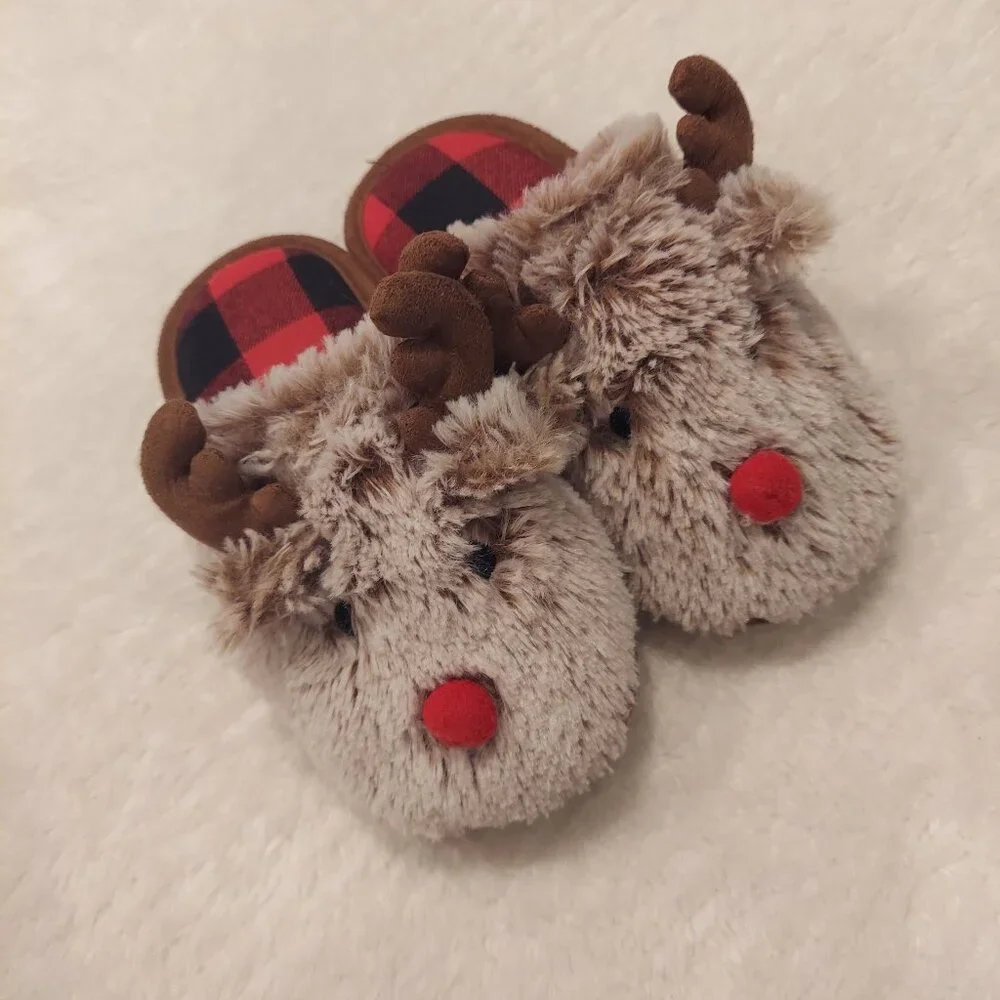 Kids Fuzzy Reindeer/Moose Slippers with Red Plaid Lining Size 9-10