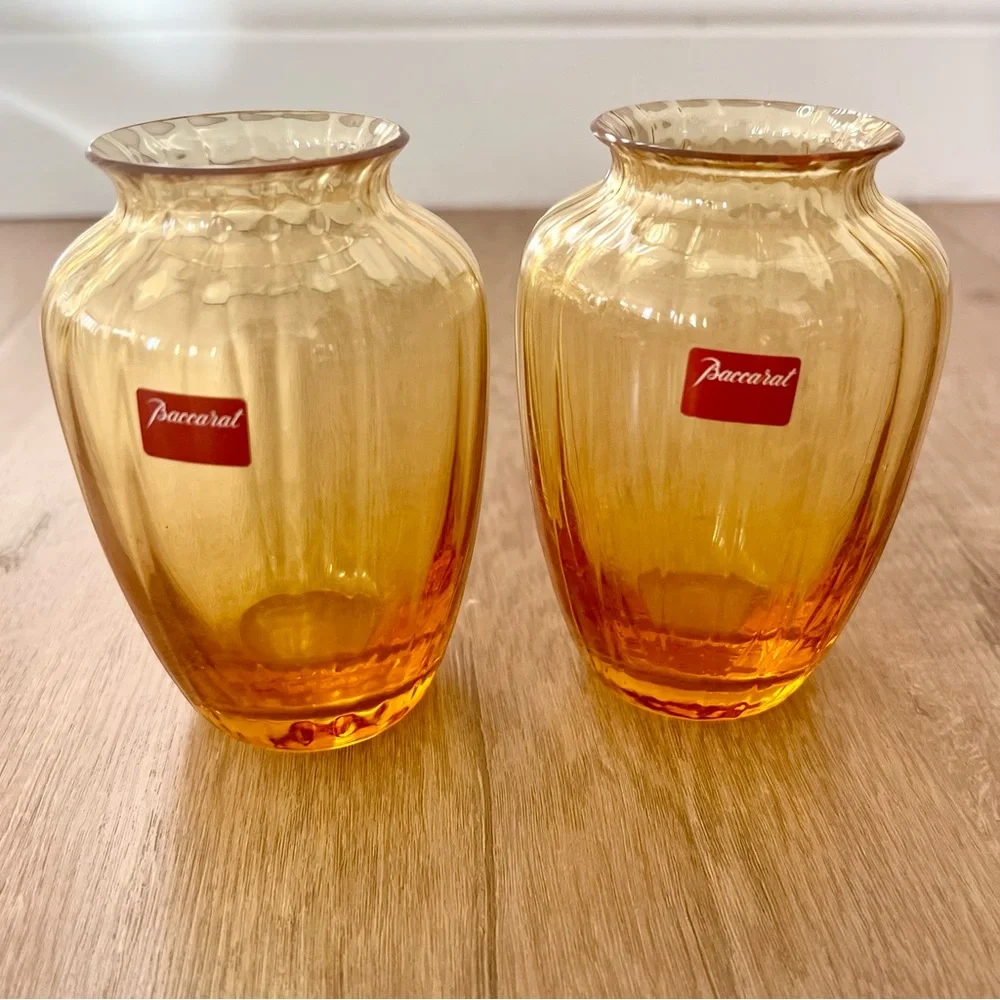 Baccarat Amber/Gold Handblown Glass Vases (Pair)