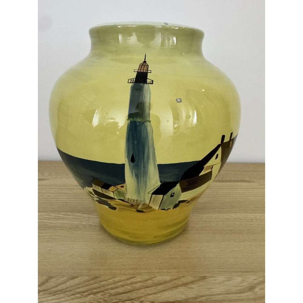 Hand Painted Lighthouse Ceramic Vase Coastal Nautical Seascape Large Yellow Blue