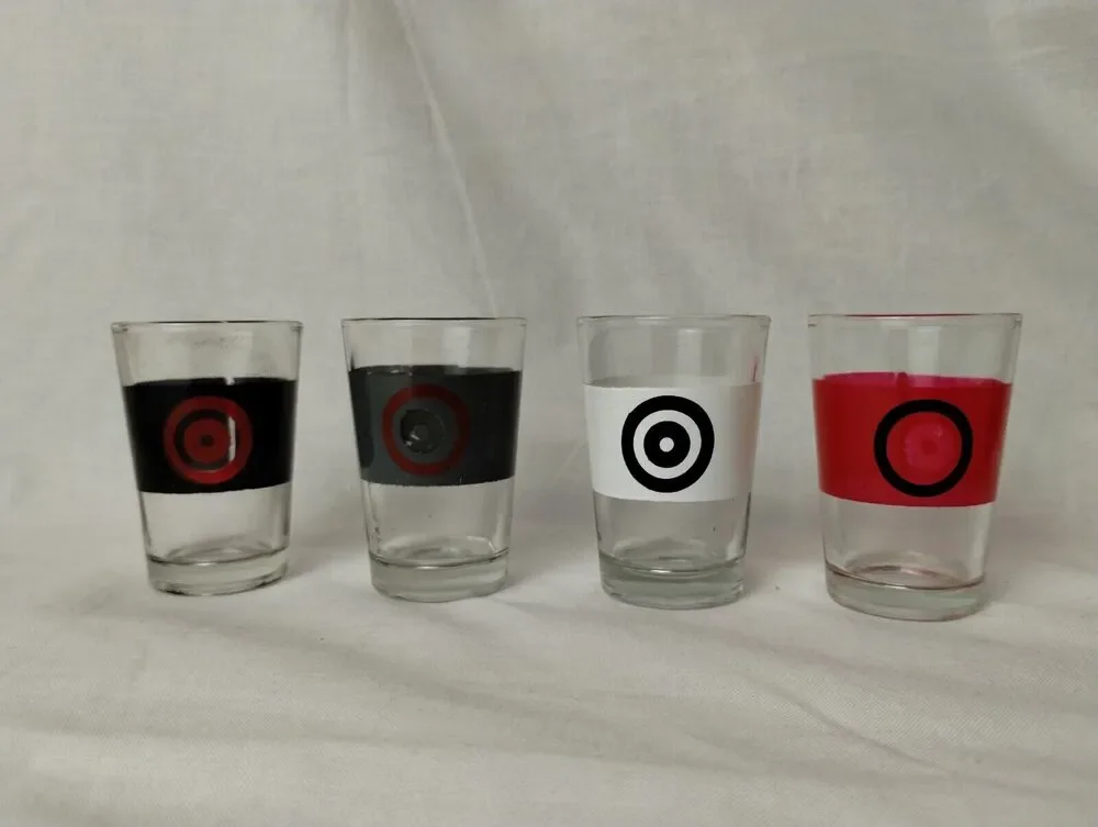 4 BULLSEYE SHOT GLASS SET-CLEAR-RED, BLACK, GRAY & WHITE - GLASS