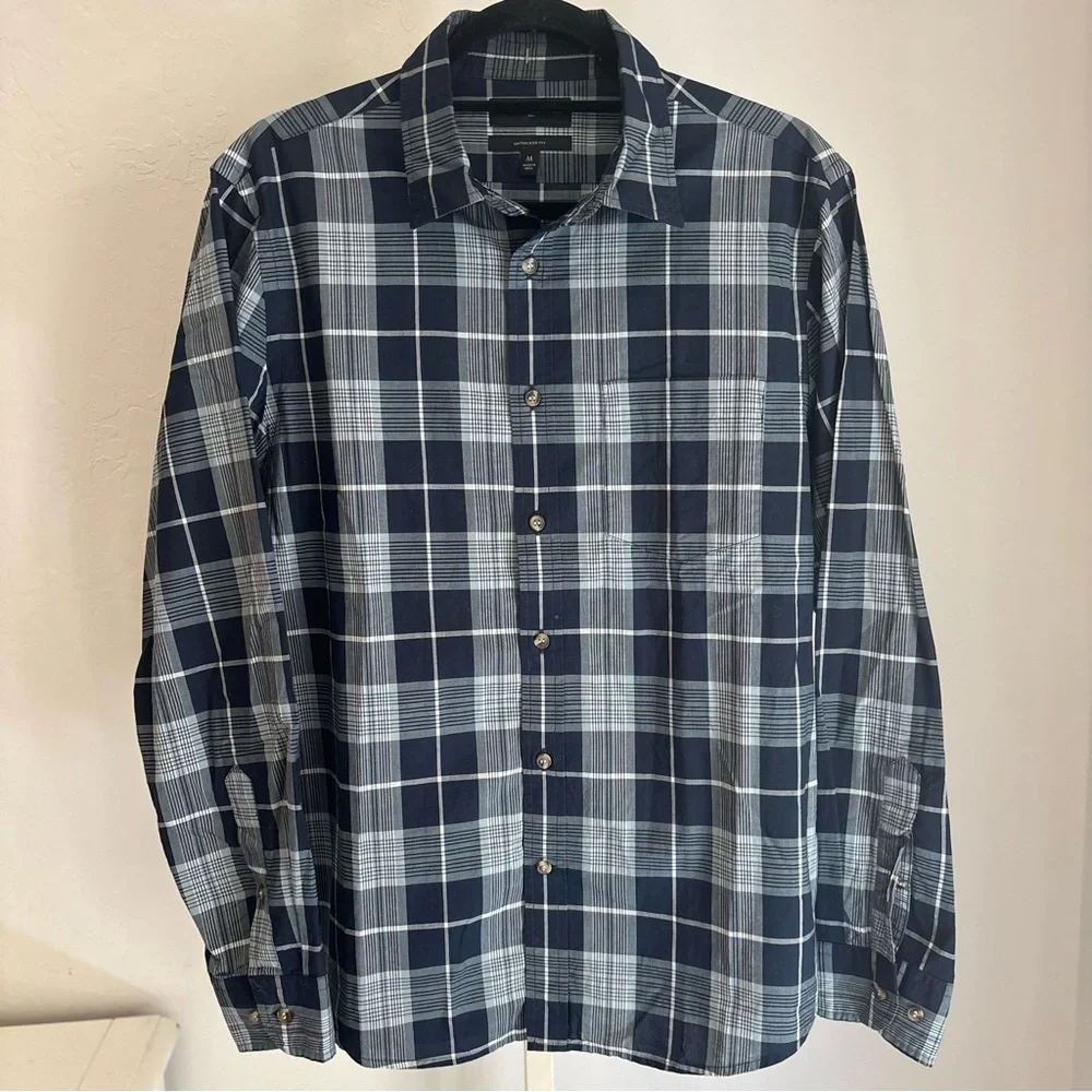 Banana Republic Untucked Fit Blue Plaid Cotton Button Front Collared Shirt, M