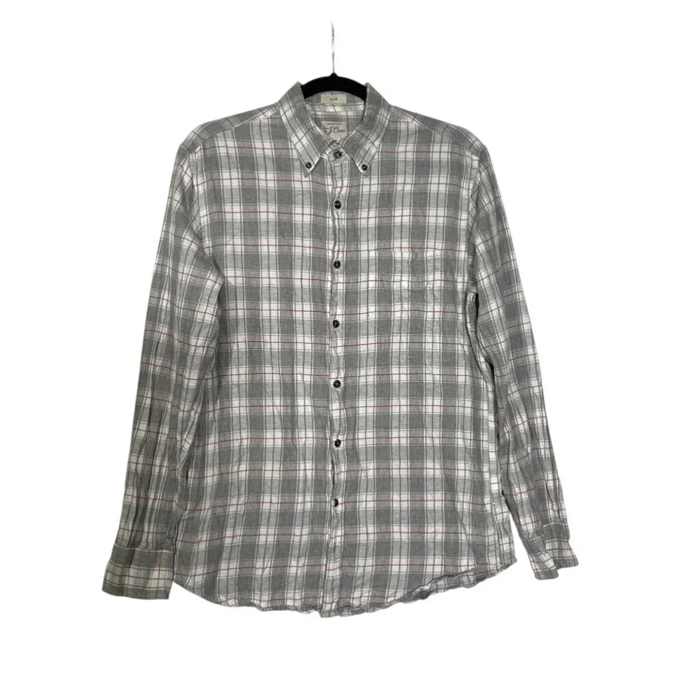 J. Crew Brushed Twill Button Down Shirt Slim Fit in Grey White Red Plaid Size M
