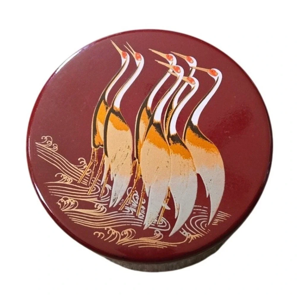 Vintage Japanese Lacquer Ware Crane‎ Coaster Set 6 Made in Japan