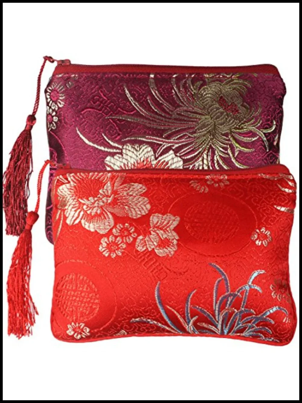 2pc Chinese Silk Brocade Padded Tassel Zipper Jewelry Pouch Gift Bag
