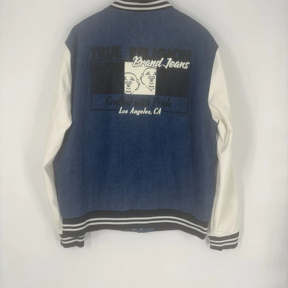 True Religion‎ Mens Quad Buddha Denim Varsity Jacket Size Large Streetwear
