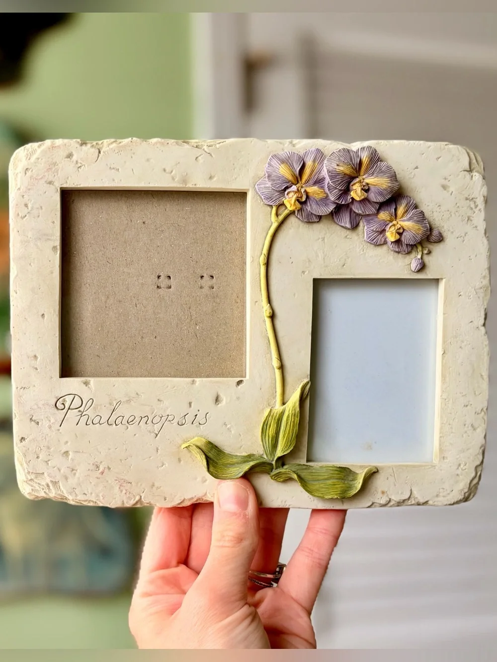Phalaenopsis Floral Ceramic Double Photo Frame - Cream with Purple Accents