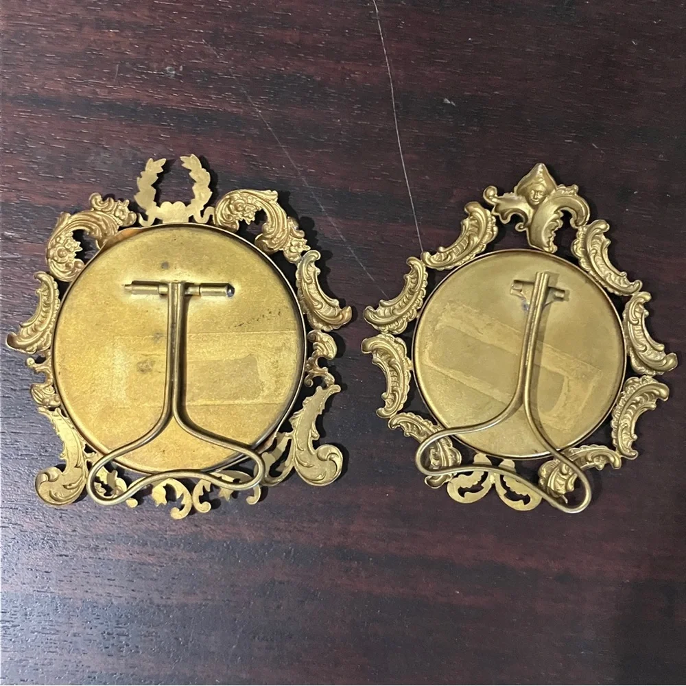 2 Antique Victorian / Edwardian Miniature Metal Gilt Frames Wreath & Gibson Girl