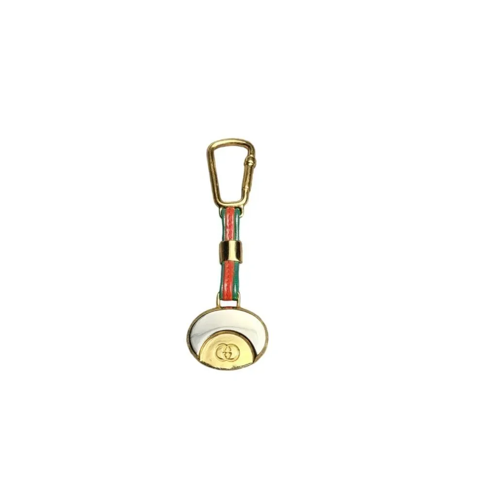 Vtg 80's Gucci Silver & Gold Medallion Green And Red Leather Keychain