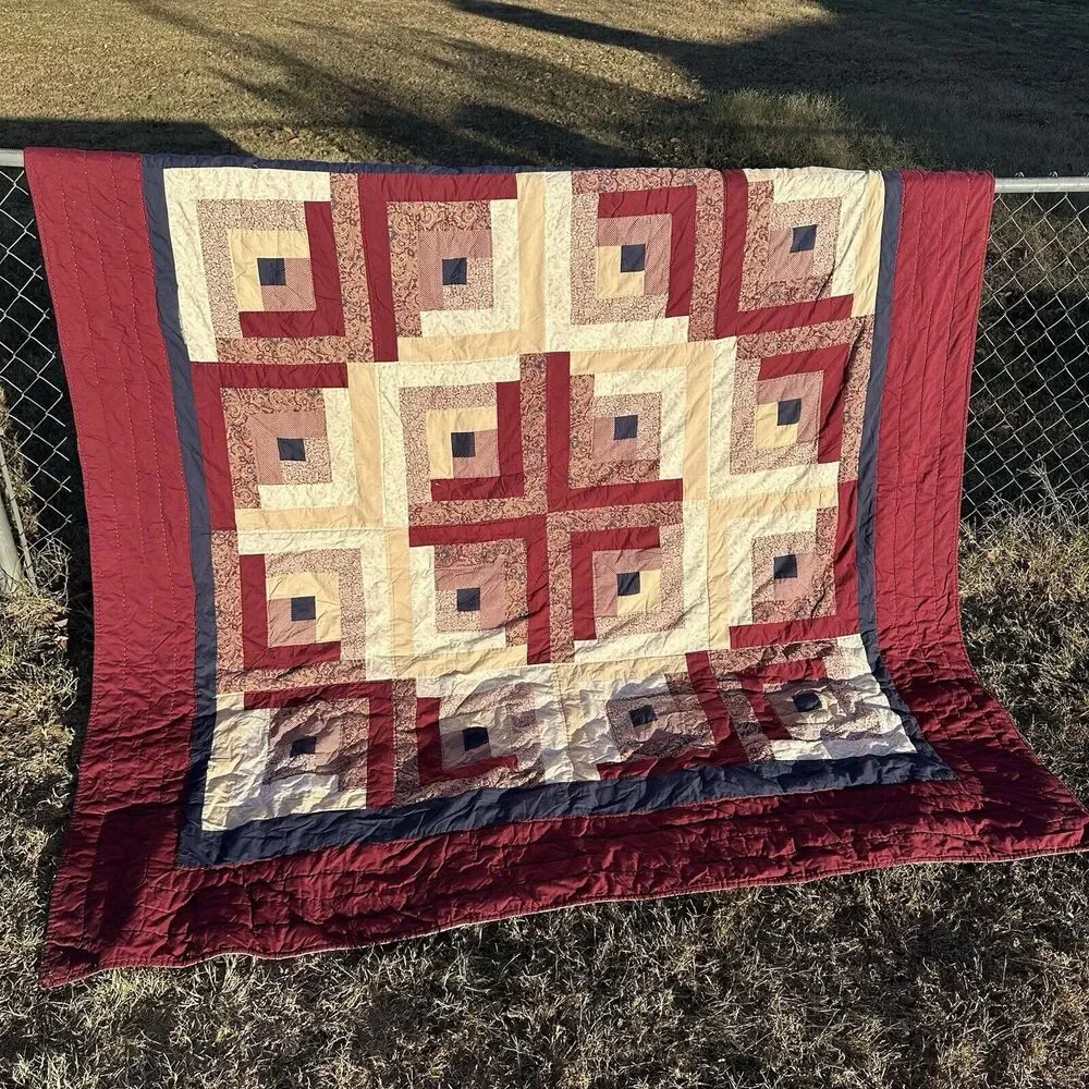 Vintage Hand Stitched Patchwork‎ Quilt Burgundy Classic Log Cabin