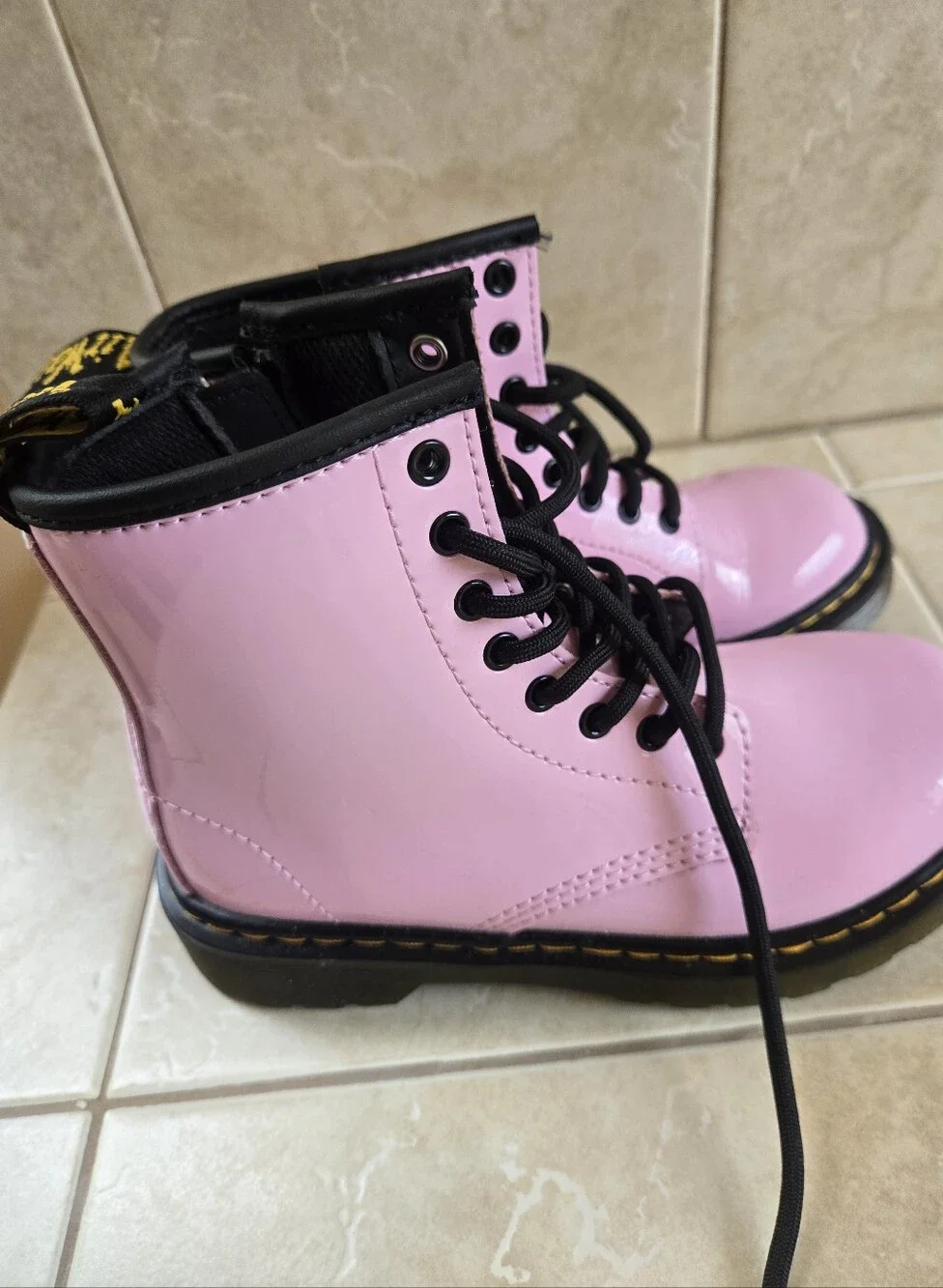 Girls Pink Patent Lace-Up Combat Boots