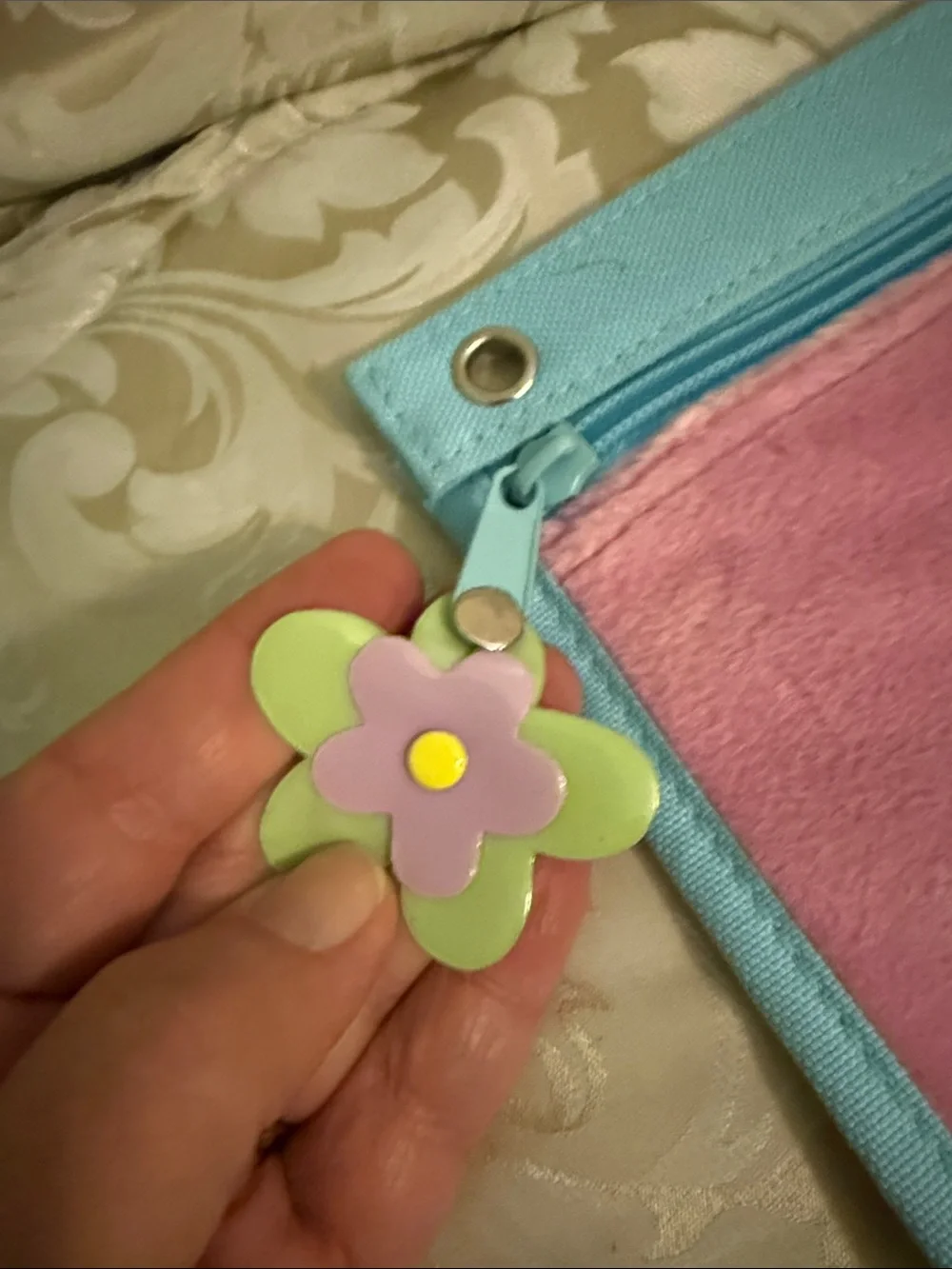 Kids Pink Floral Zip Pouch with Light Blue Trim