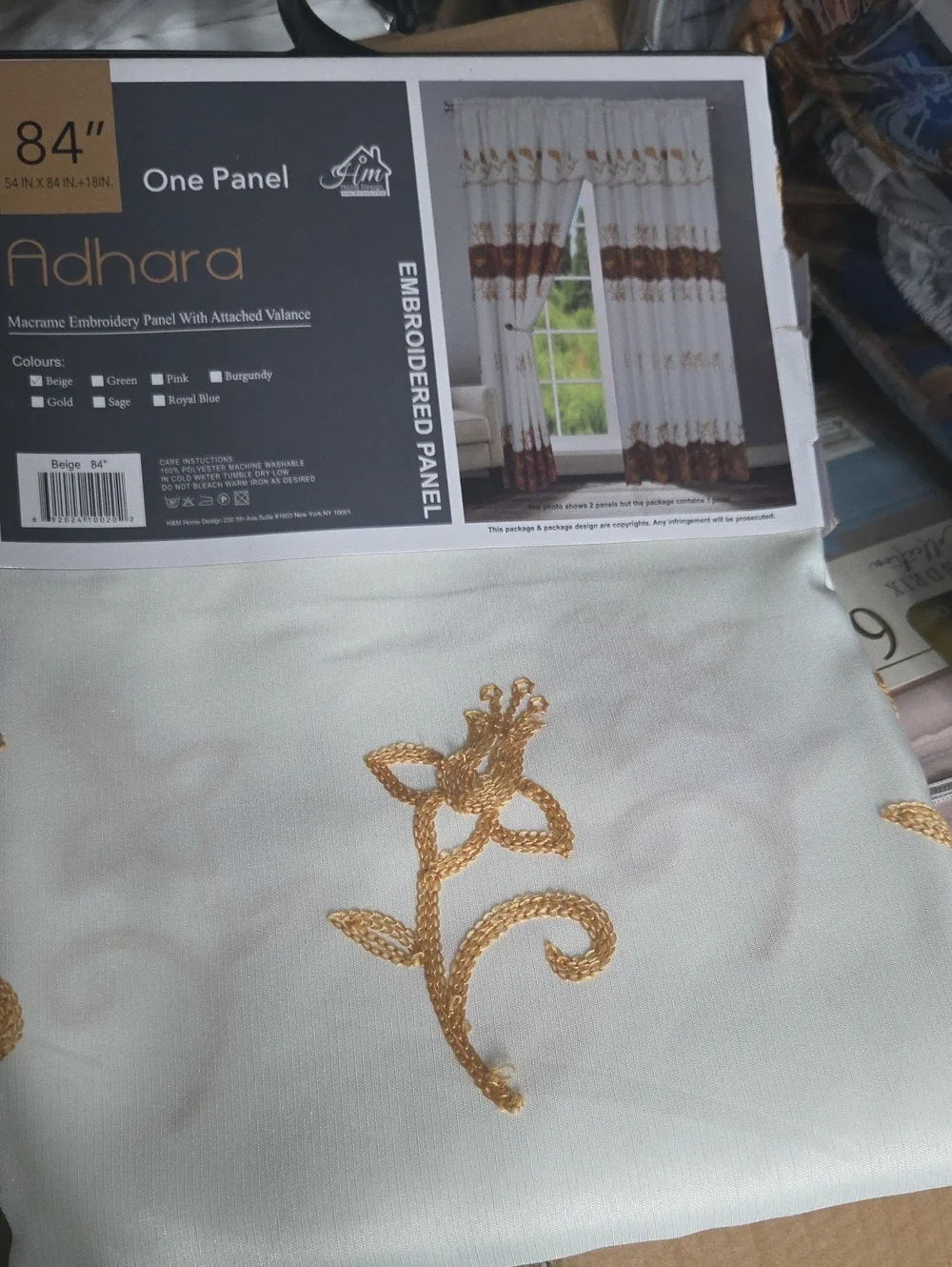 Embroidered Curtain Panel in Beige with Gold Motif
