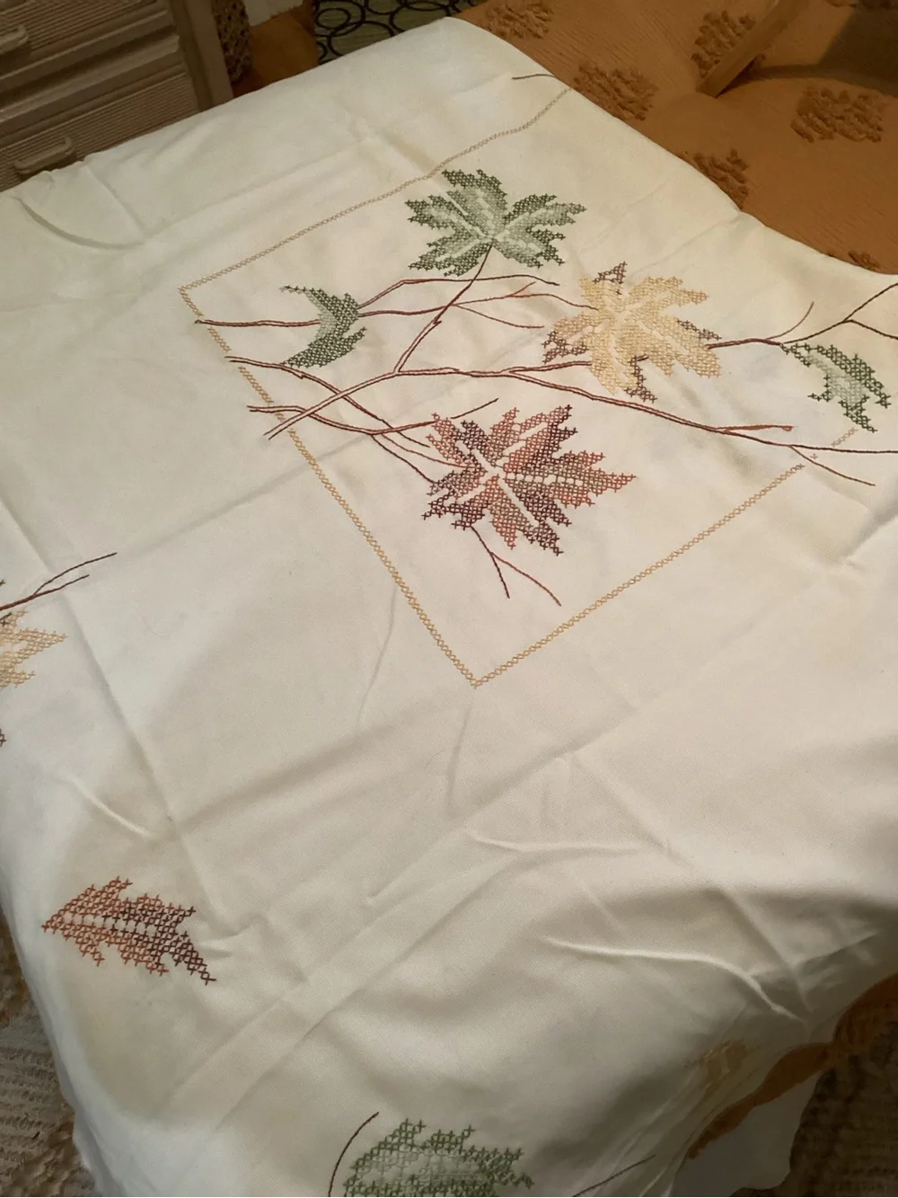 Handmade Embroidered Autumn Leaf Tablecloth - Cream with Fall Leaves 66x50