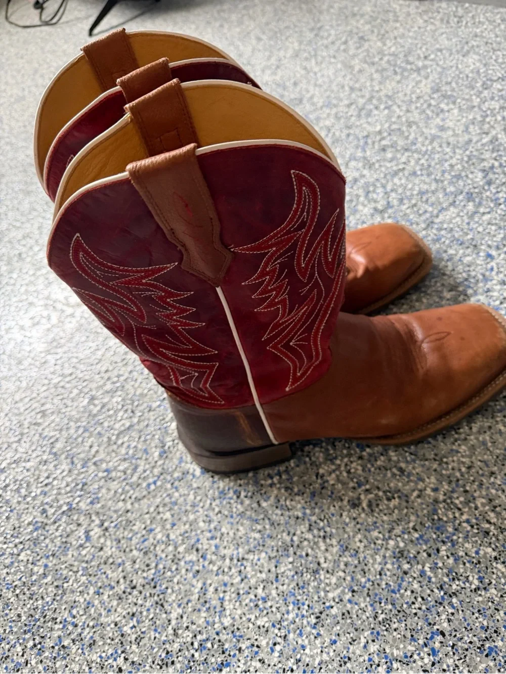 Men's Two-Tone Brown Leather Pull-On Boots with Red Suede Shaft
