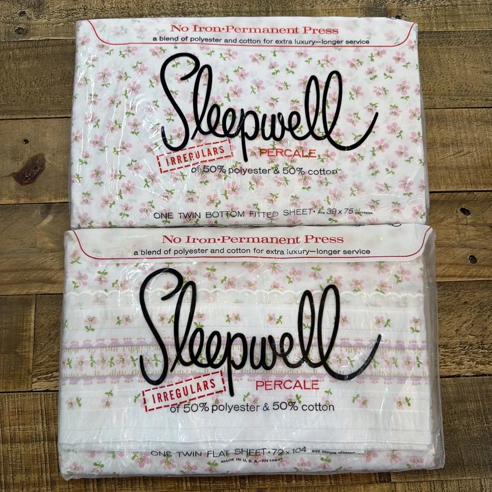 VTG Pink Floral Sleepwell Twin NOS Fitted & Flat Sheet Set USA No Iron Percale