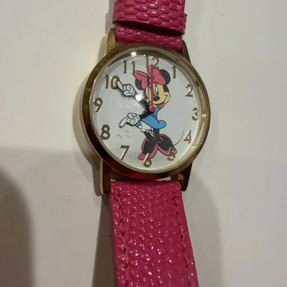Pink Disney Minnie Mouse Watch Pink Genuine Leather Buckle Band Gold Tone