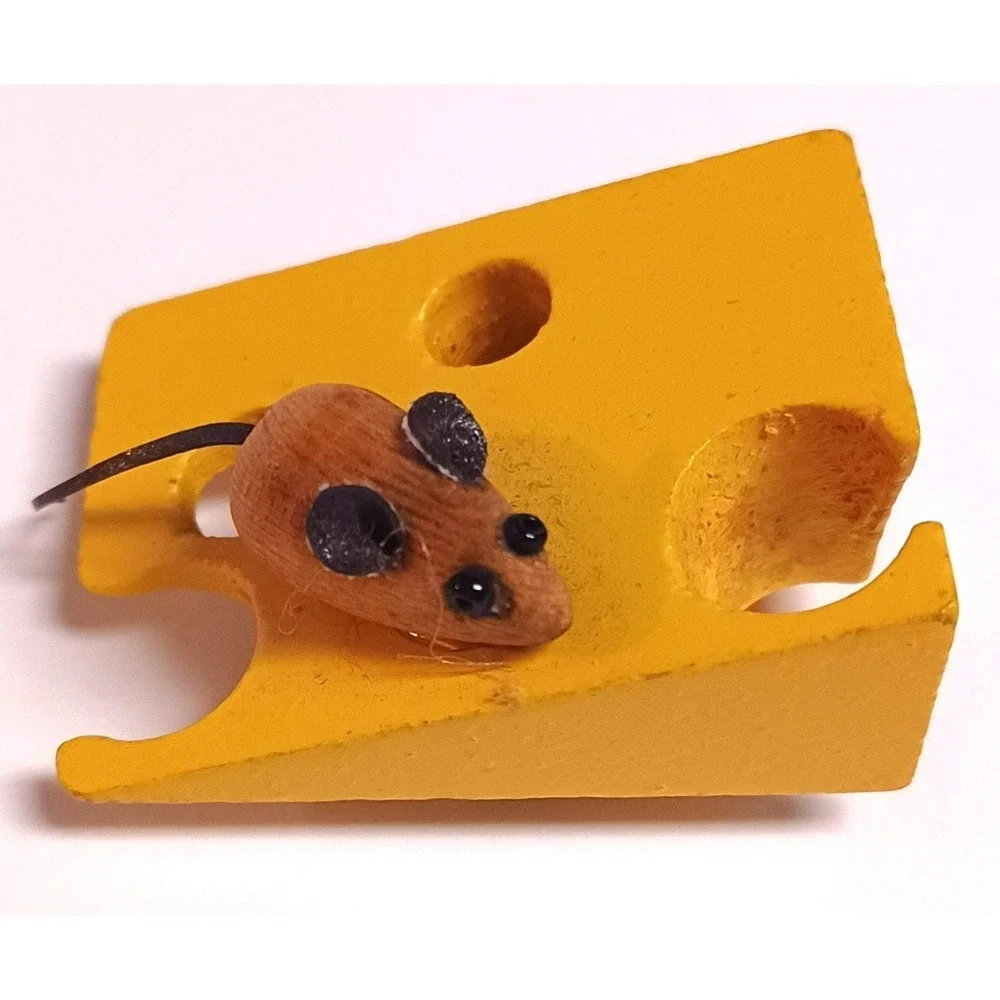 Vintage 1996 Handmade Wood Mouse Swiss Cheese Magnet 90s Folk Art Craft Dated