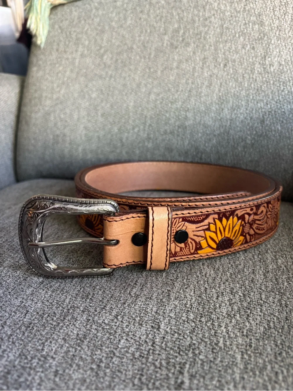 Handmade Mexican Leather Sunflower Embossed Tan Western Belt Silver Tone Buckle