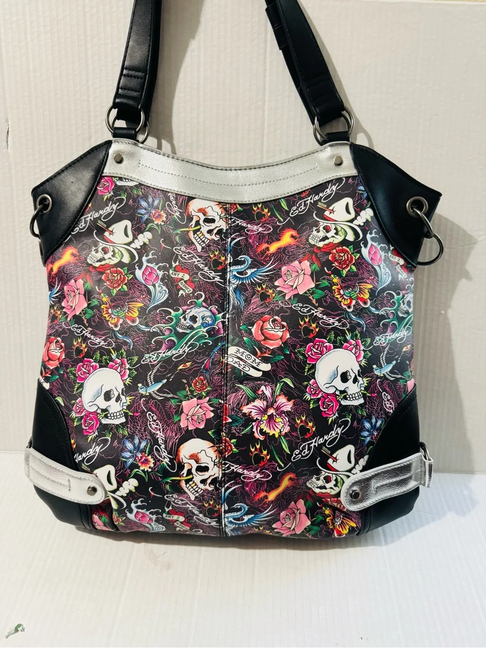 Ed Hardy embellished Black Floral Skull Tote Bag BNWT