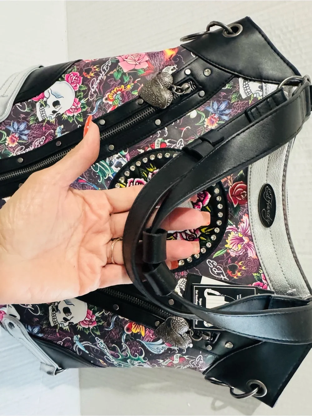 Ed Hardy embellished Black Floral Skull Tote Bag BNWT