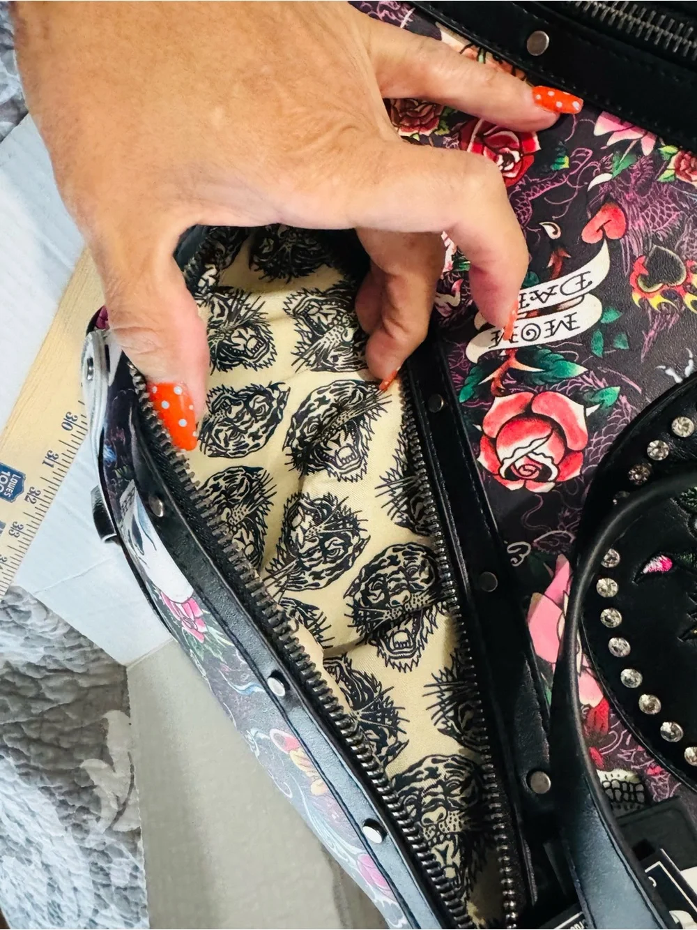Ed Hardy embellished Black Floral Skull Tote Bag BNWT