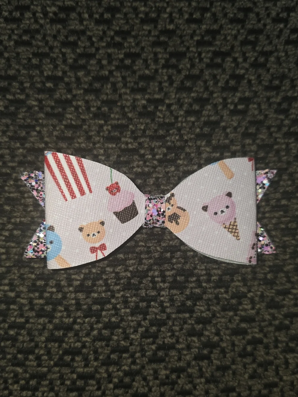 Kids White Novelty Snack & Animal Print Hair Bow with Pink Glitter Accents