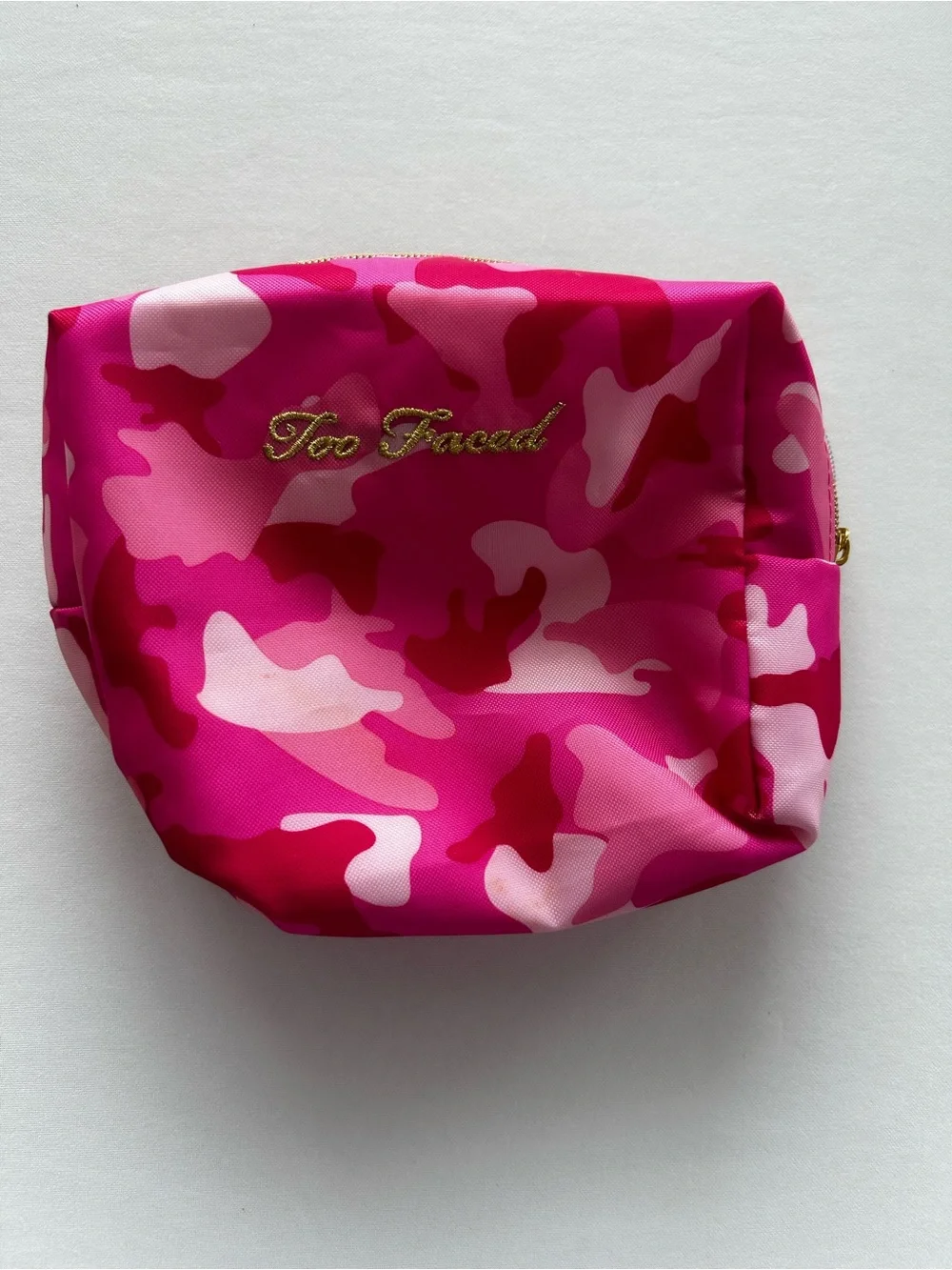 Too Faced Hot Pink Camo Makeup Pouch with Gold Logo