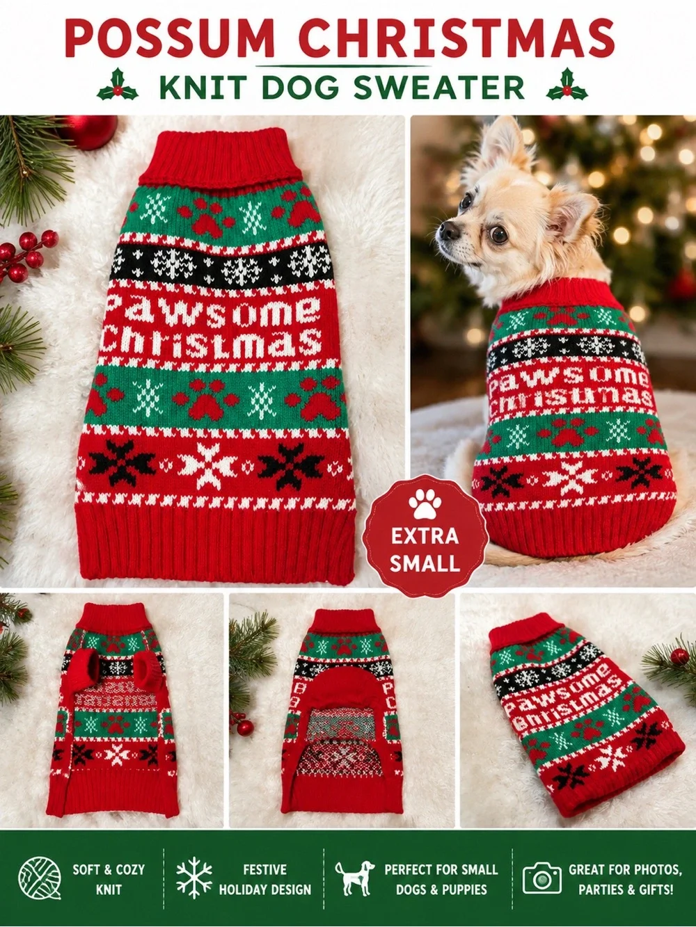 Paw-some Christmas Knit Dog Sweater - Red & Green Holiday Design