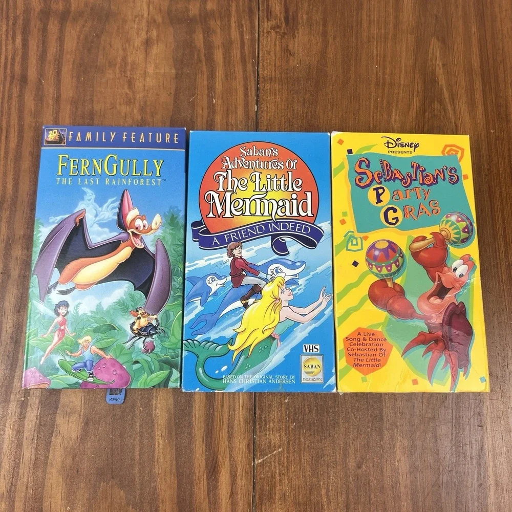 FernGully Little Mermaid Sebastian's Party Gras VHS Lot Disney Saban 3 Tape