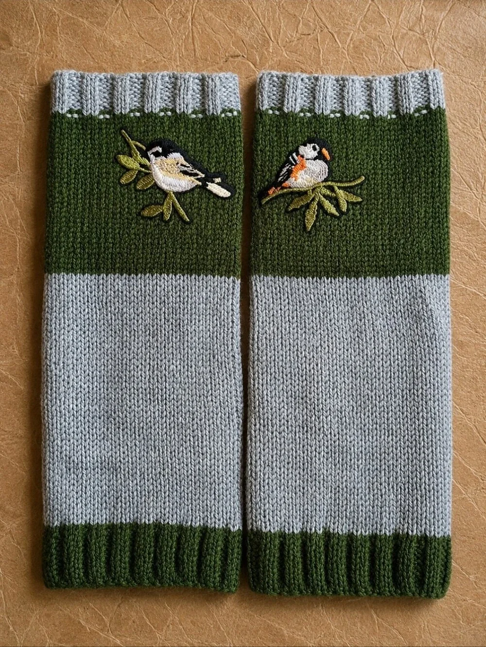 Fingerless Warm Gloves Thumb Holes Olive Green Gray Embroidered Birds Mittens