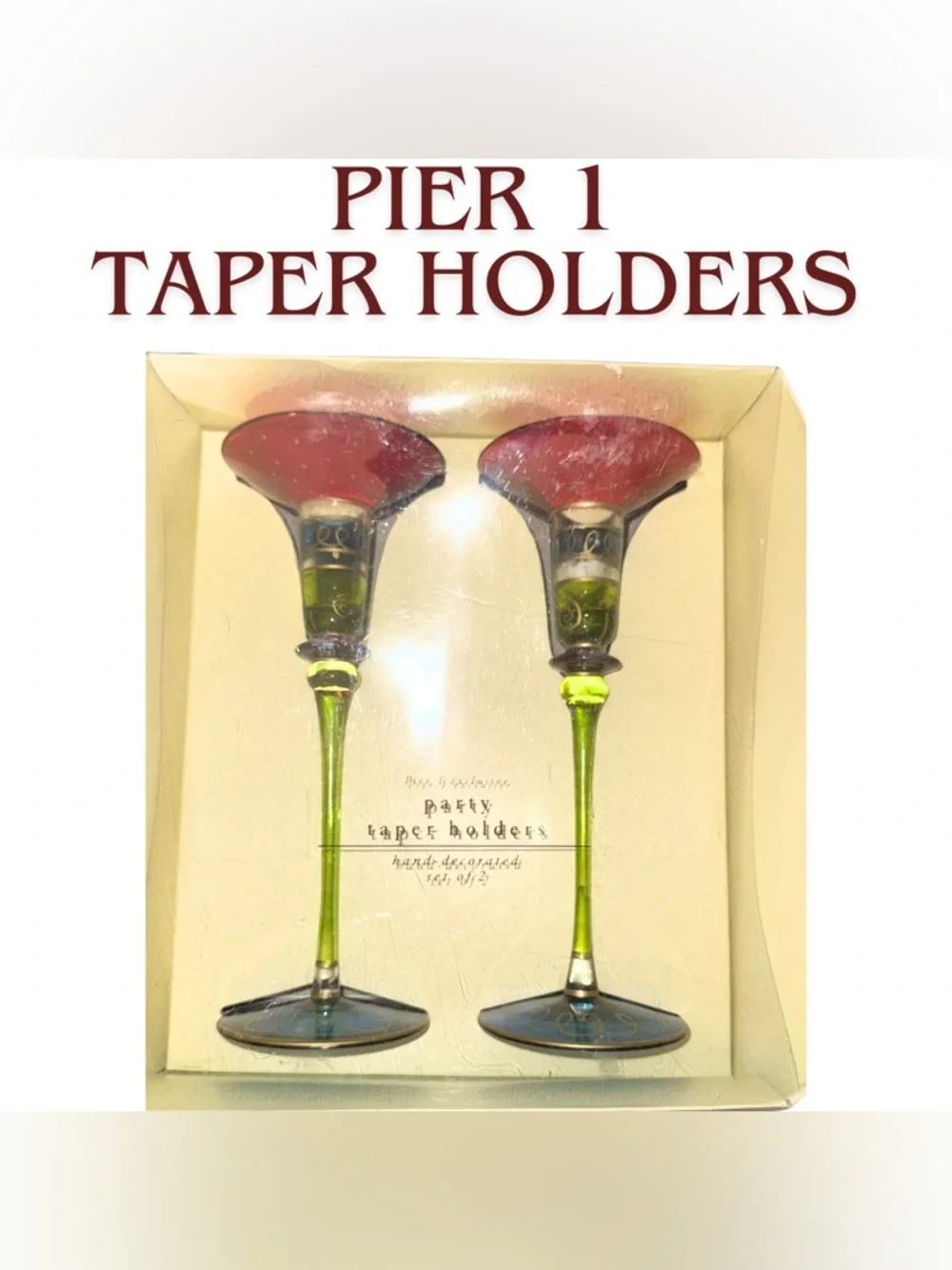 Pier 1 Red and Green‎ Hand-Decorated Glass Taper Holders - Set of 2
